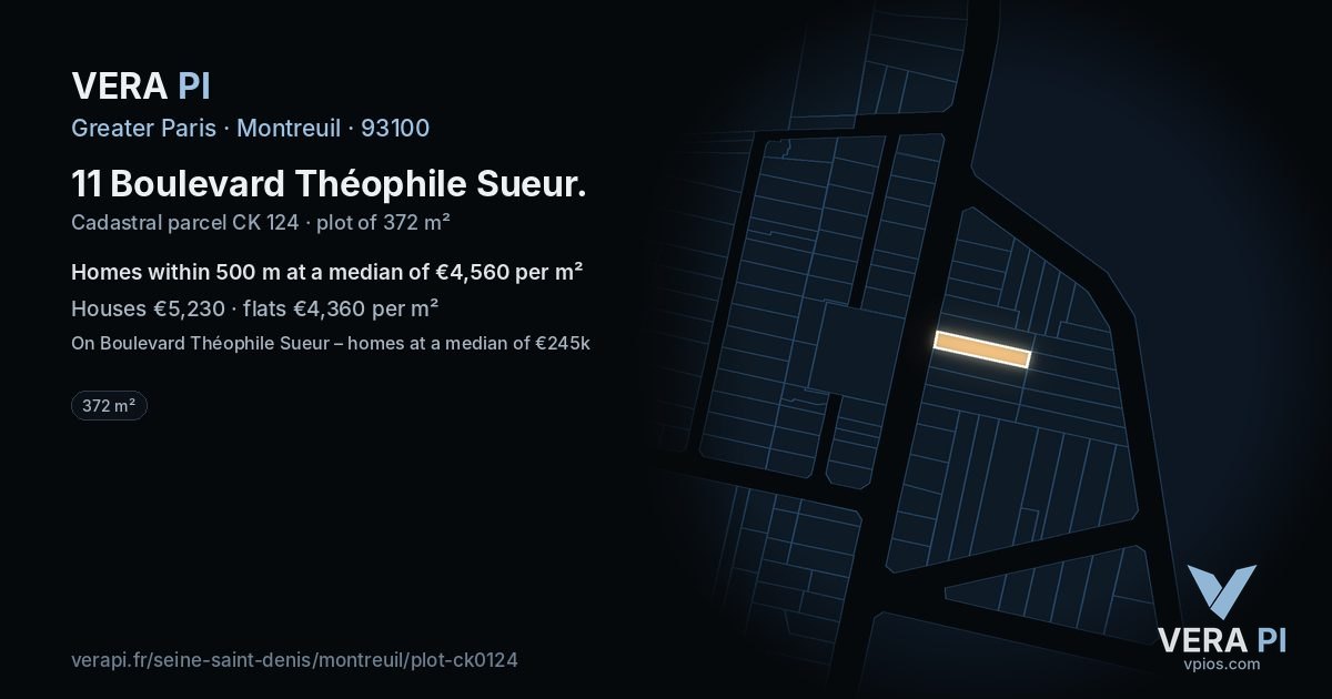 11 Boulevard Théophile Sueur, Montreuil at night – the plot lit, the parcels around coloured by the prices near them