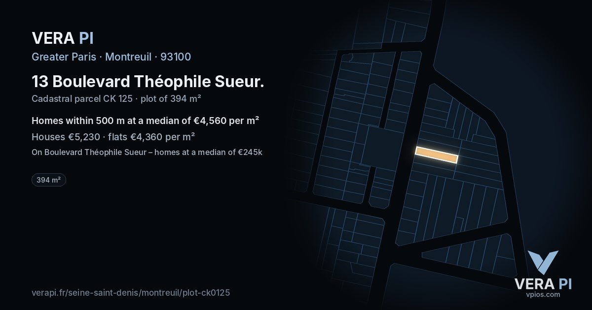 13 Boulevard Théophile Sueur, Montreuil at night – the plot lit, the parcels around coloured by the prices near them