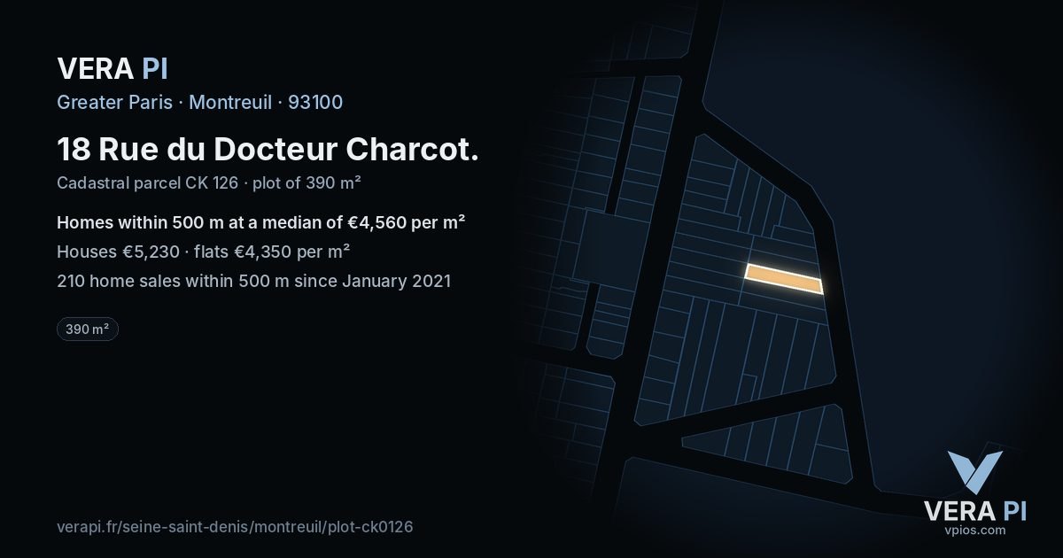 18 Rue du Docteur Charcot, Montreuil at night – the plot lit, the parcels around coloured by the prices near them