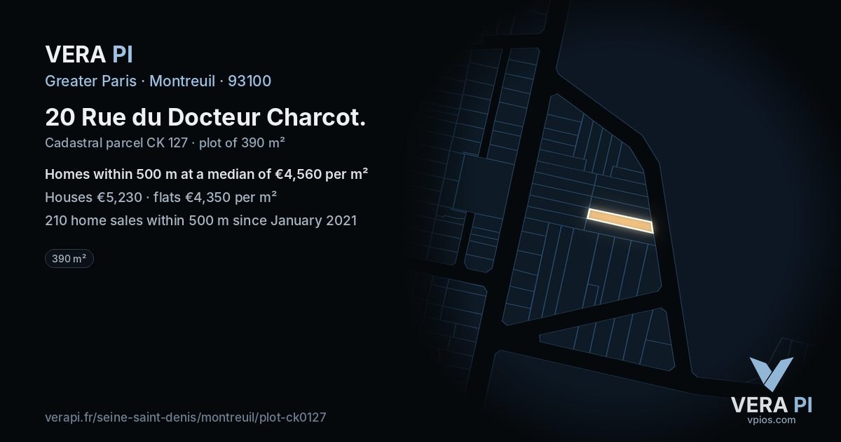 20 Rue du Docteur Charcot, Montreuil at night – the plot lit, the parcels around coloured by the prices near them