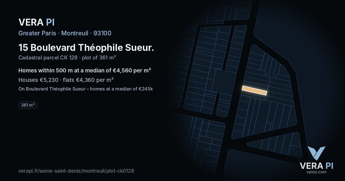15 Boulevard Théophile Sueur, Montreuil at night – the plot lit, the parcels around coloured by the prices near them
