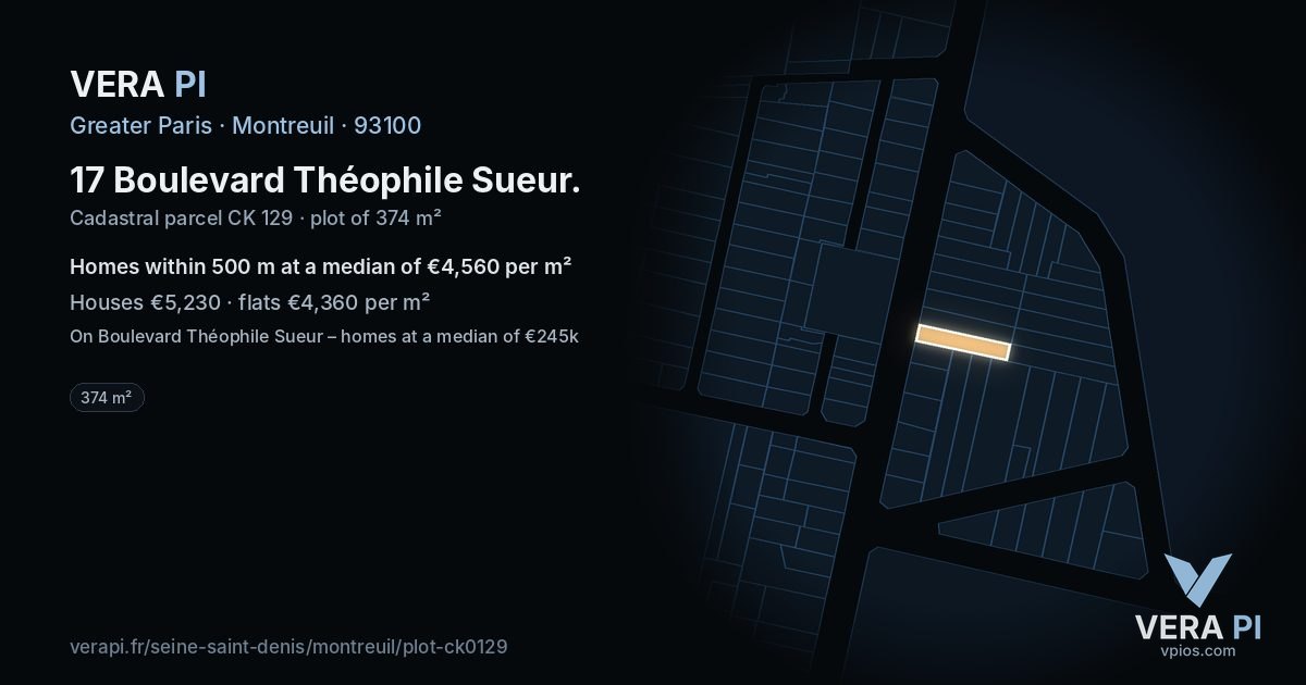 17 Boulevard Théophile Sueur, Montreuil at night – the plot lit, the parcels around coloured by the prices near them