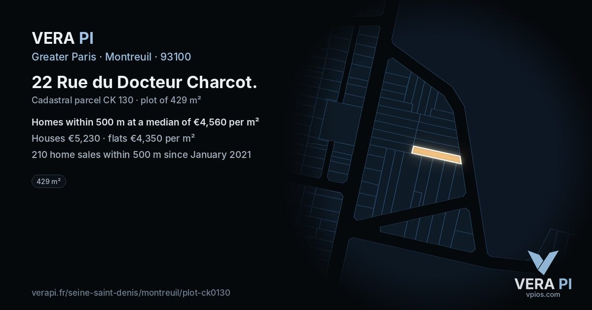 22 Rue du Docteur Charcot, Montreuil at night – the plot lit, the parcels around coloured by the prices near them