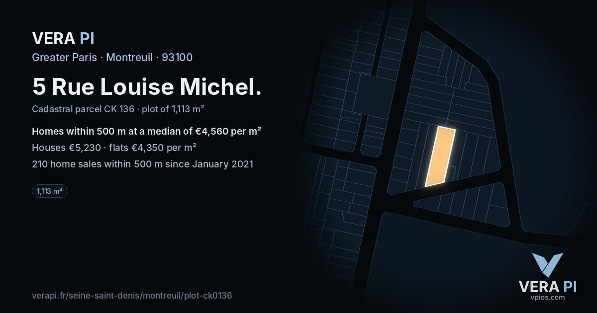 5 Rue Louise Michel, Montreuil at night – the plot lit, the parcels around coloured by the prices near them