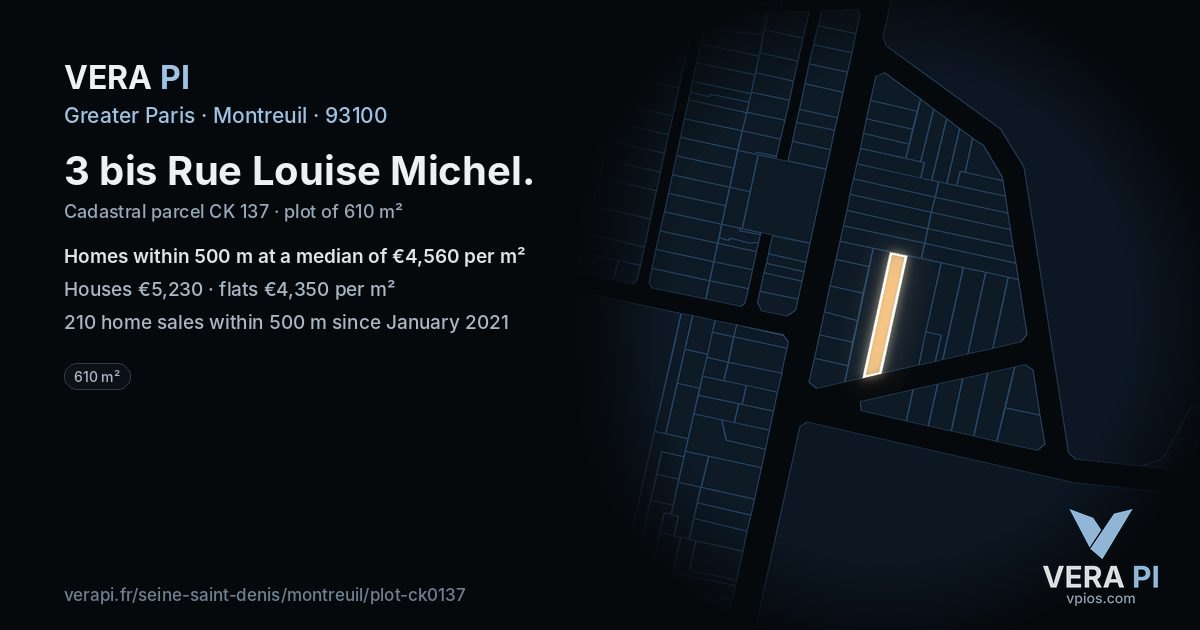 3 bis Rue Louise Michel, Montreuil at night – the plot lit, the parcels around coloured by the prices near them