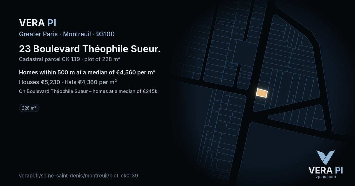 23 Boulevard Théophile Sueur, Montreuil at night – the plot lit, the parcels around coloured by the prices near them