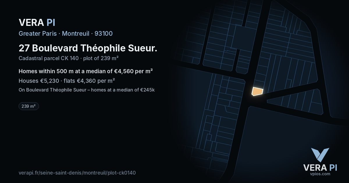 27 Boulevard Théophile Sueur, Montreuil at night – the plot lit, the parcels around coloured by the prices near them