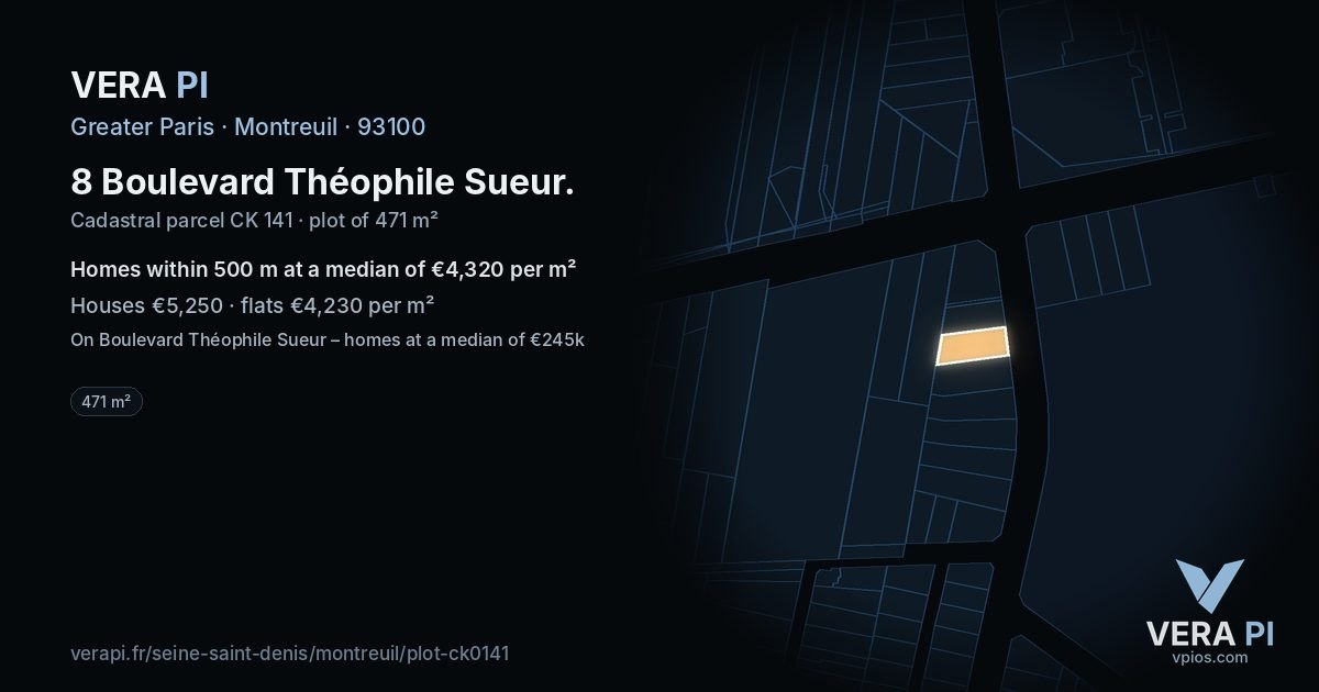 8 Boulevard Théophile Sueur, Montreuil at night – the plot lit, the parcels around coloured by the prices near them