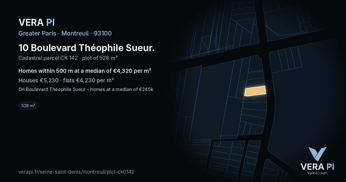 10 Boulevard Théophile Sueur, Montreuil at night – the plot lit, the parcels around coloured by the prices near them