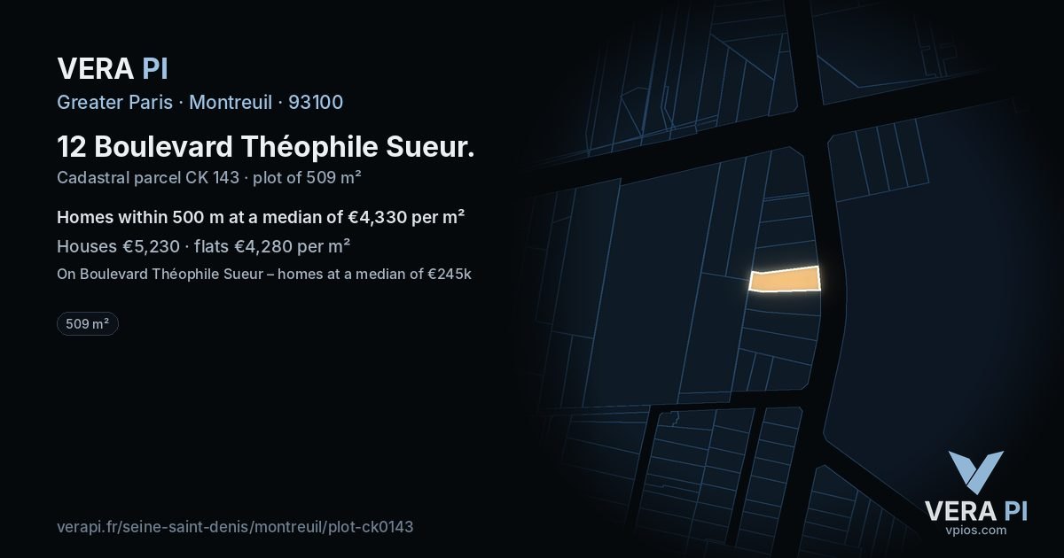 12 Boulevard Théophile Sueur, Montreuil at night – the plot lit, the parcels around coloured by the prices near them