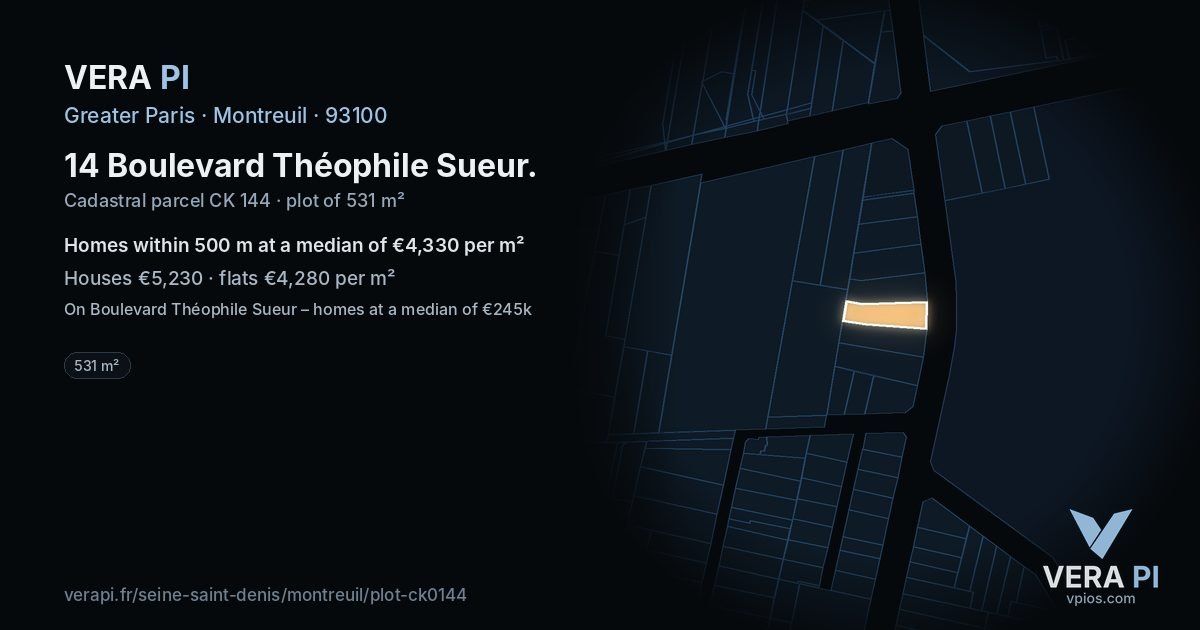14 Boulevard Théophile Sueur, Montreuil at night – the plot lit, the parcels around coloured by the prices near them