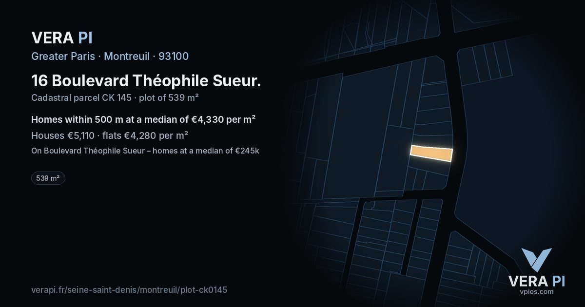 16 Boulevard Théophile Sueur, Montreuil at night – the plot lit, the parcels around coloured by the prices near them
