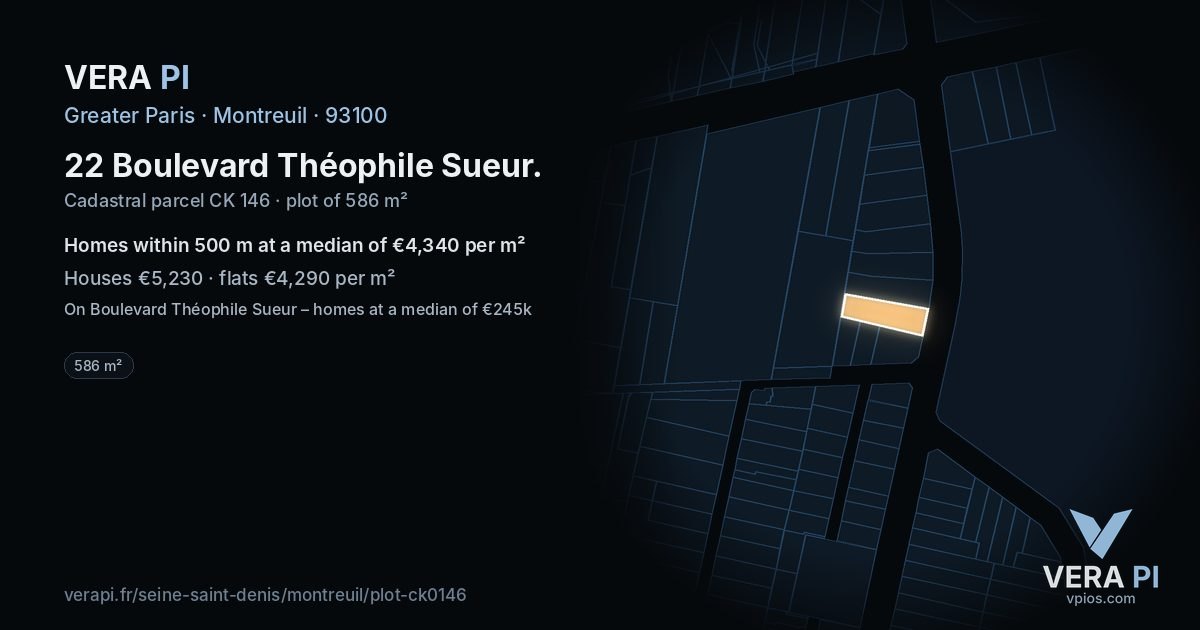 22 Boulevard Théophile Sueur, Montreuil at night – the plot lit, the parcels around coloured by the prices near them