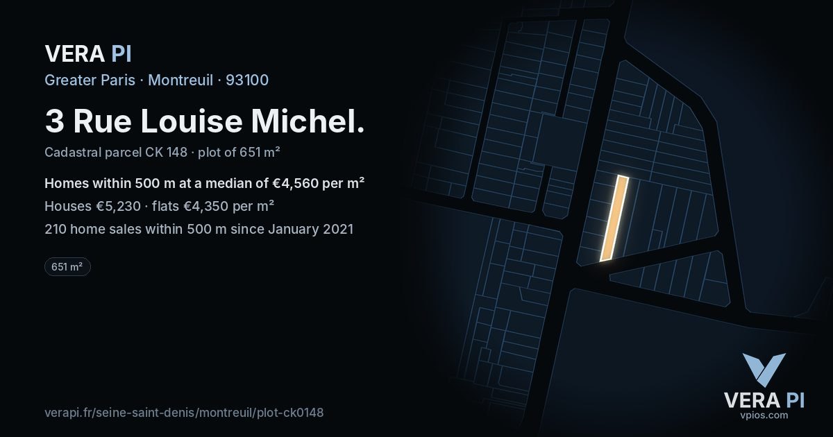 3 Rue Louise Michel, Montreuil at night – the plot lit, the parcels around coloured by the prices near them