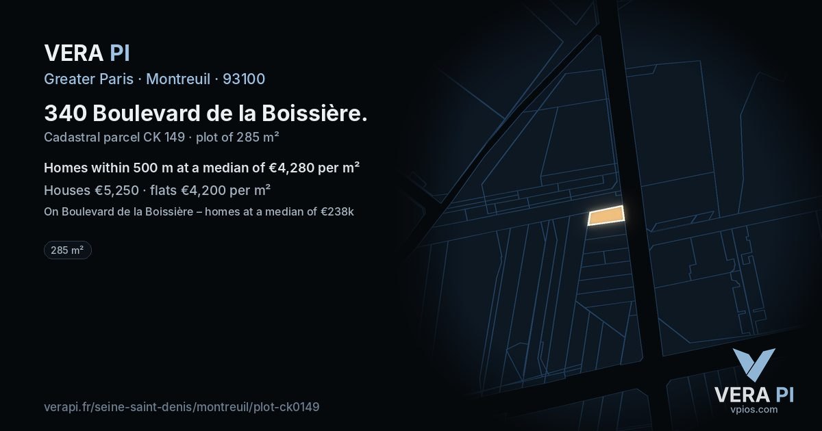 340 Boulevard de la Boissière, Montreuil at night – the plot lit, the parcels around coloured by the prices near them