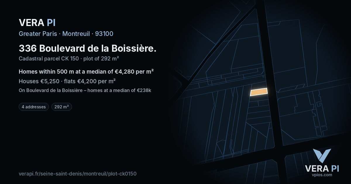 336 Boulevard de la Boissière, Montreuil at night – the plot lit, the parcels around coloured by the prices near them
