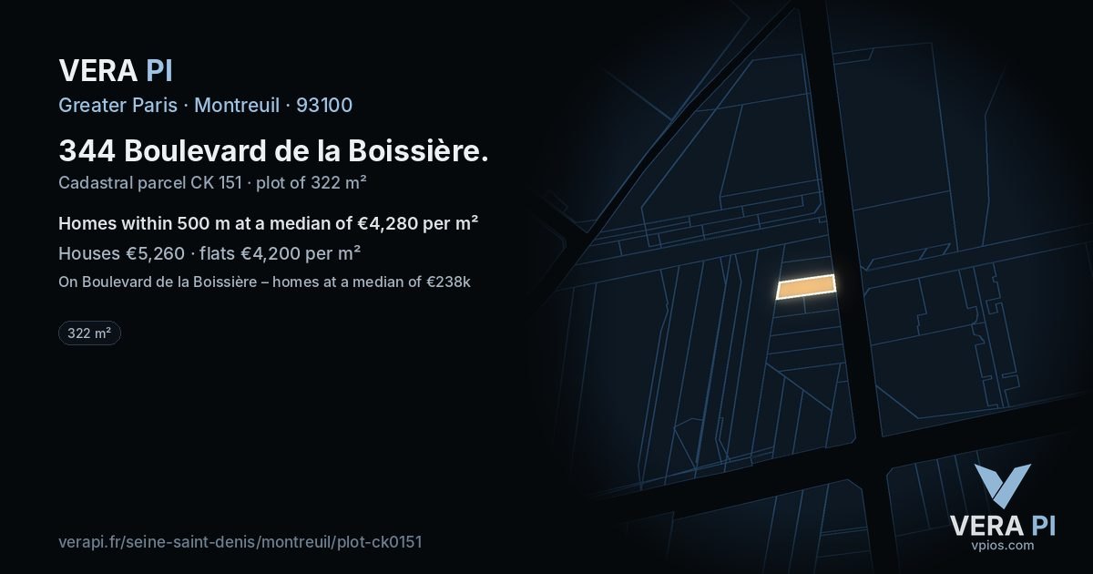 344 Boulevard de la Boissière, Montreuil at night – the plot lit, the parcels around coloured by the prices near them