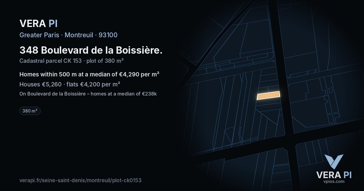 348 Boulevard de la Boissière, Montreuil at night – the plot lit, the parcels around coloured by the prices near them