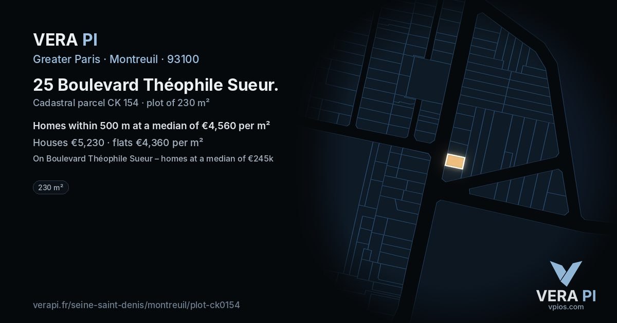 25 Boulevard Théophile Sueur, Montreuil at night – the plot lit, the parcels around coloured by the prices near them
