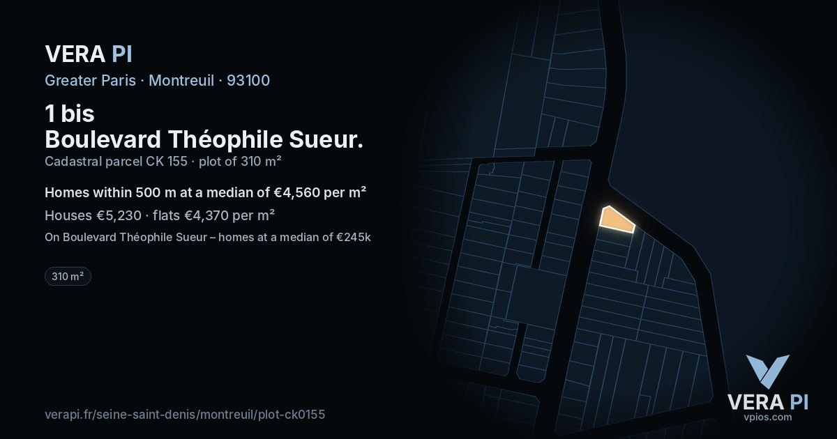 1 bis Boulevard Théophile Sueur, Montreuil at night – the plot lit, the parcels around coloured by the prices near them