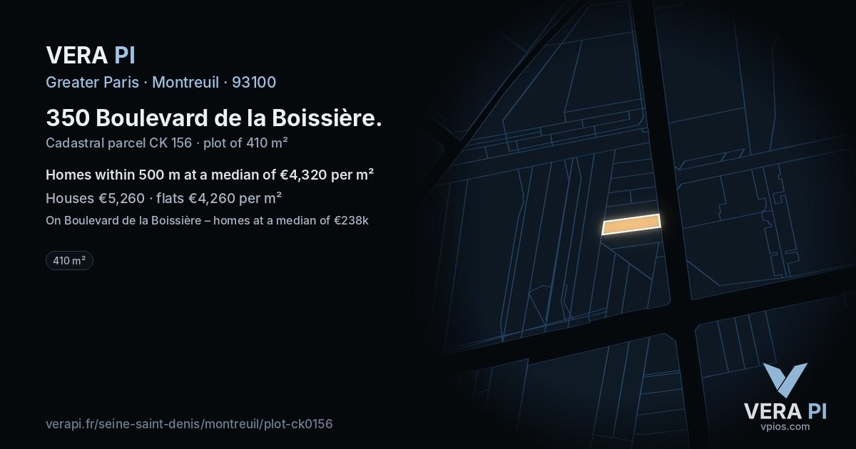 350 Boulevard de la Boissière, Montreuil at night – the plot lit, the parcels around coloured by the prices near them