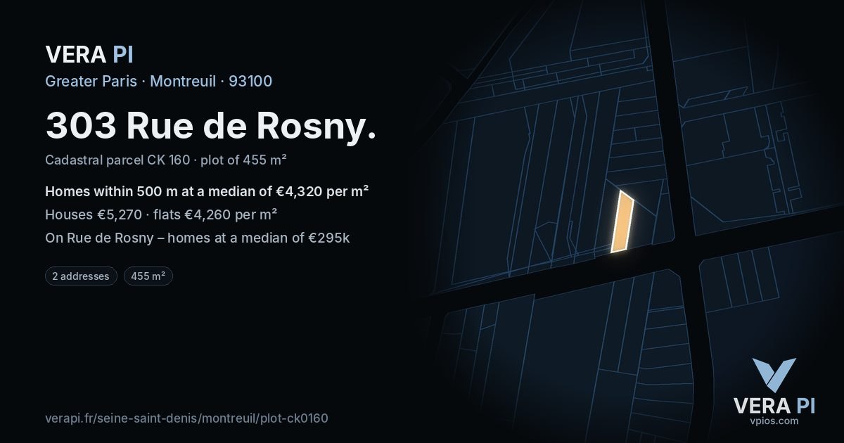303 Rue de Rosny, Montreuil at night – the plot lit, the parcels around coloured by the prices near them