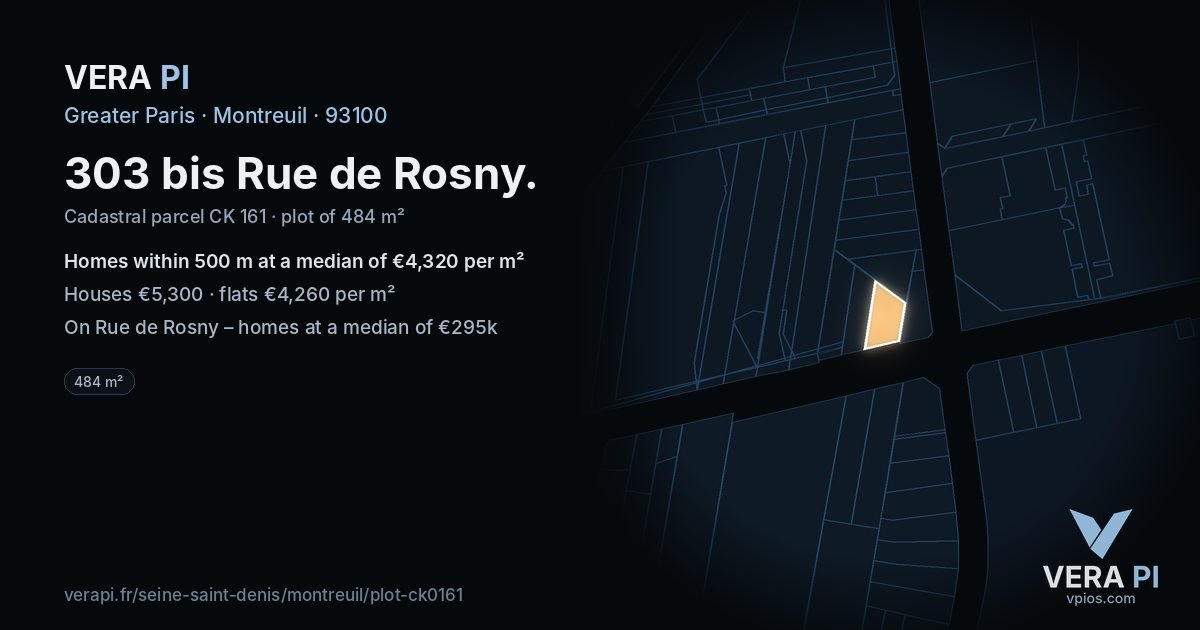 303 bis Rue de Rosny, Montreuil at night – the plot lit, the parcels around coloured by the prices near them