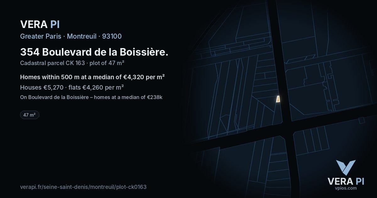 354 Boulevard de la Boissière, Montreuil at night – the plot lit, the parcels around coloured by the prices near them