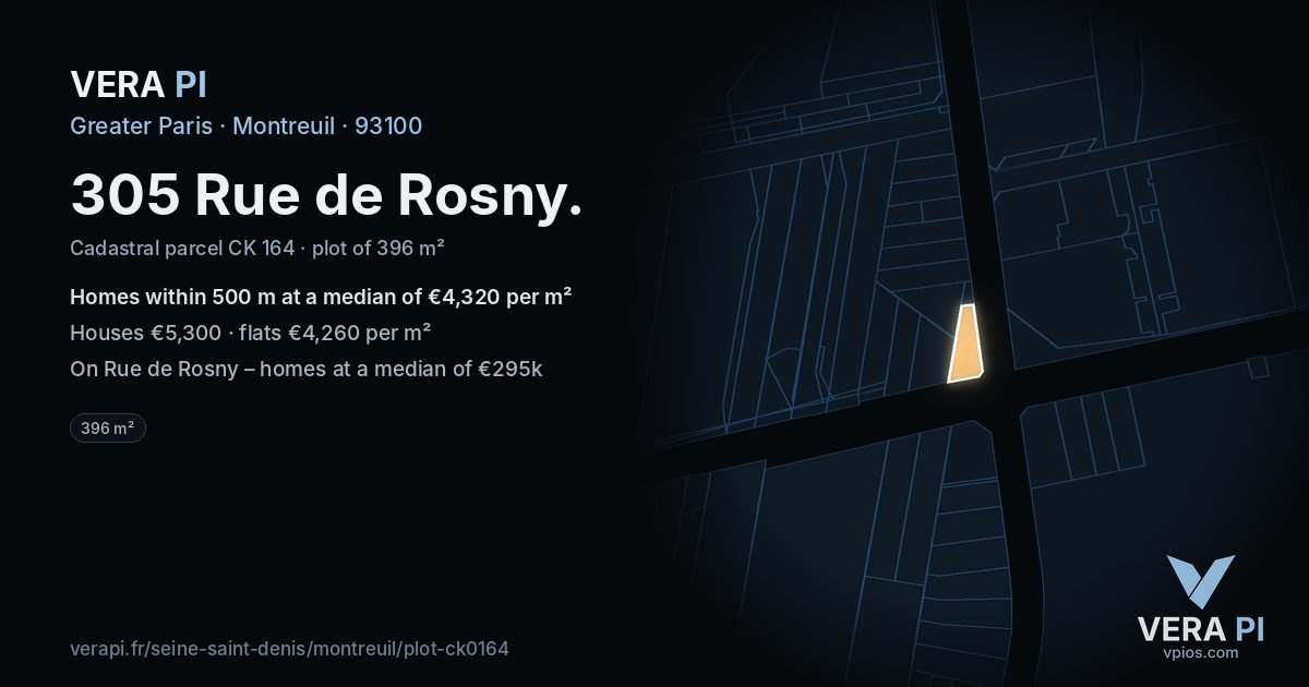 305 Rue de Rosny, Montreuil at night – the plot lit, the parcels around coloured by the prices near them