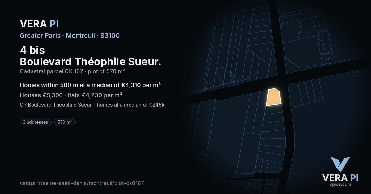 4 bis Boulevard Théophile Sueur, Montreuil at night – the plot lit, the parcels around coloured by the prices near them
