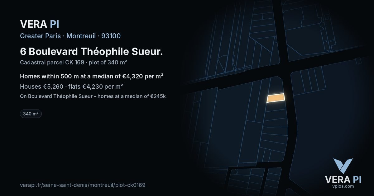6 Boulevard Théophile Sueur, Montreuil at night – the plot lit, the parcels around coloured by the prices near them