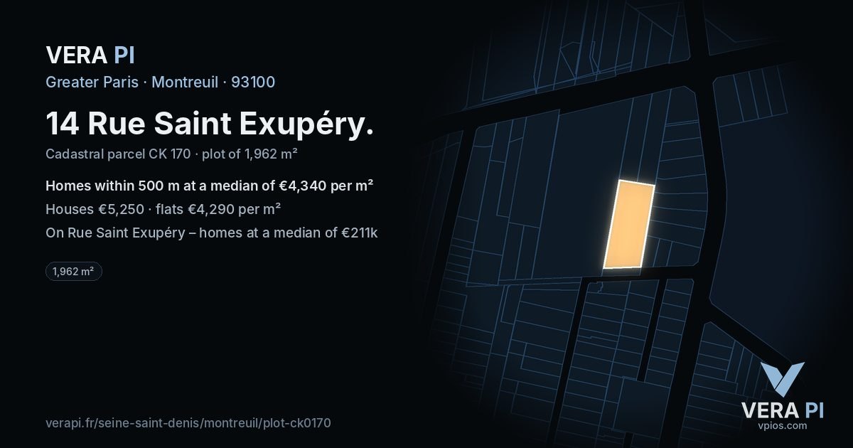 14 Rue Saint Exupéry, Montreuil at night – the plot lit, the parcels around coloured by the prices near them