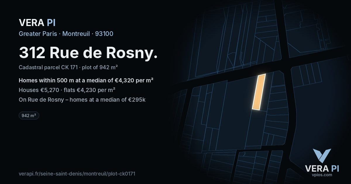 312 Rue de Rosny, Montreuil at night – the plot lit, the parcels around coloured by the prices near them