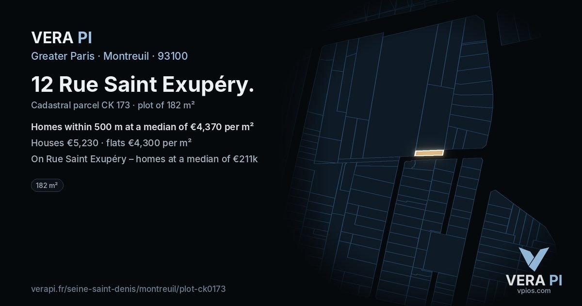 12 Rue Saint Exupéry, Montreuil at night – the plot lit, the parcels around coloured by the prices near them