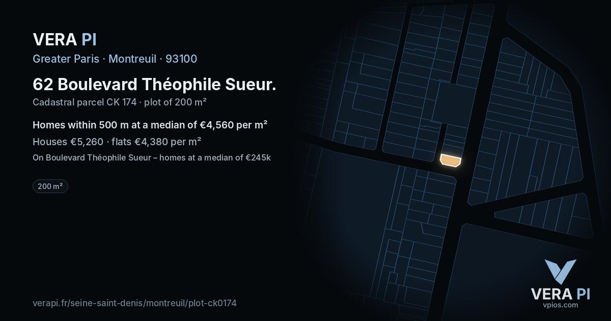 62 Boulevard Théophile Sueur, Montreuil at night – the plot lit, the parcels around coloured by the prices near them