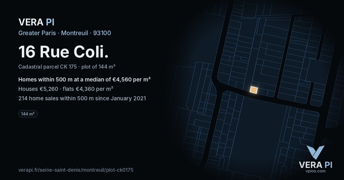 16 Rue Coli, Montreuil at night – the plot lit, the parcels around coloured by the prices near them