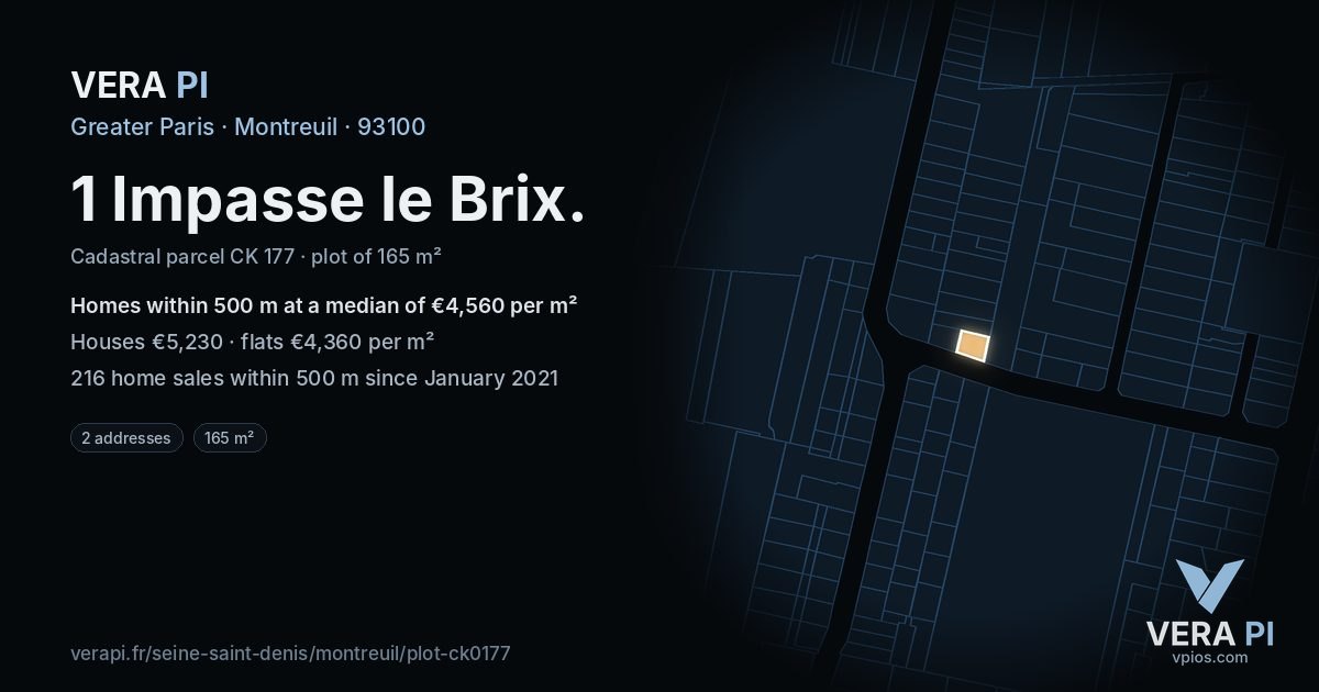 1 Impasse le Brix, Montreuil at night – the plot lit, the parcels around coloured by the prices near them