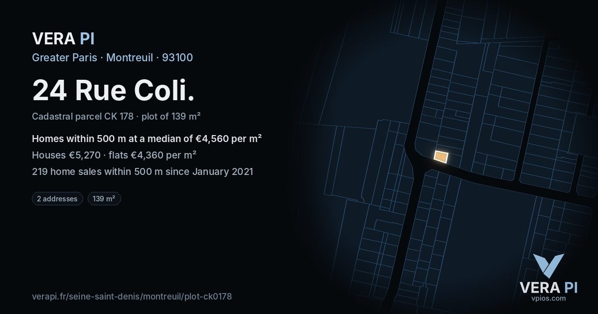24 Rue Coli, Montreuil at night – the plot lit, the parcels around coloured by the prices near them