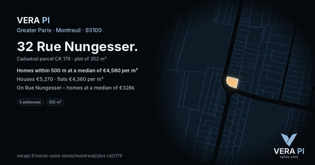 32 Rue Nungesser, Montreuil at night – the plot lit, the parcels around coloured by the prices near them