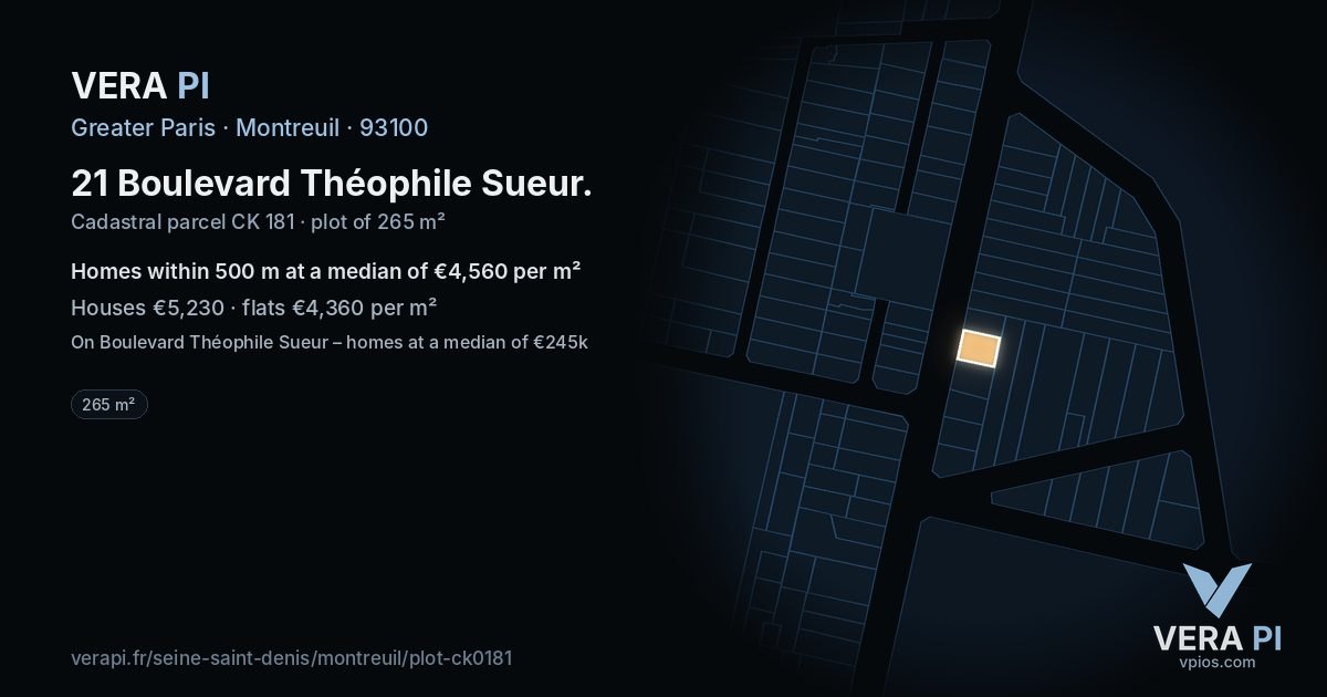 21 Boulevard Théophile Sueur, Montreuil at night – the plot lit, the parcels around coloured by the prices near them