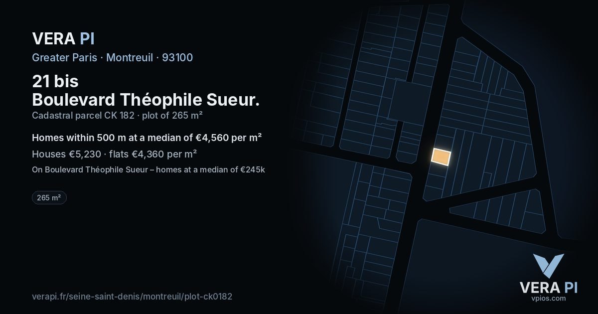 21 bis Boulevard Théophile Sueur, Montreuil at night – the plot lit, the parcels around coloured by the prices near them