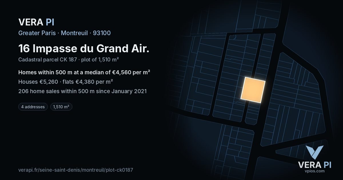 16 Impasse du Grand Air, Montreuil at night – the plot lit, the parcels around coloured by the prices near them