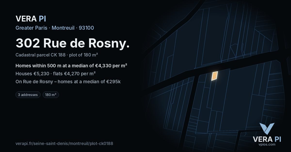 302 Rue de Rosny, Montreuil at night – the plot lit, the parcels around coloured by the prices near them