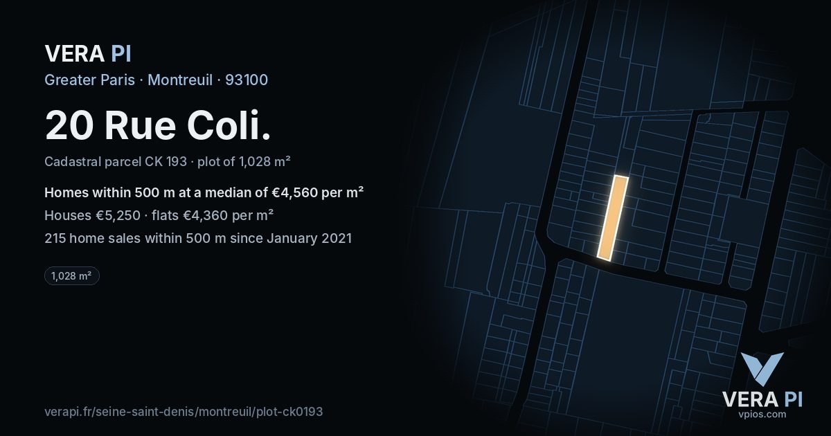 20 Rue Coli, Montreuil at night – the plot lit, the parcels around coloured by the prices near them