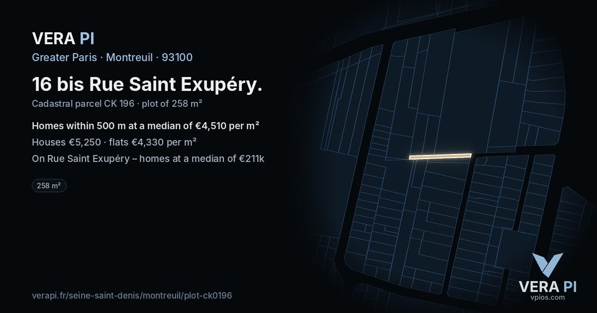 16 bis Rue Saint Exupéry, Montreuil at night – the plot lit, the parcels around coloured by the prices near them