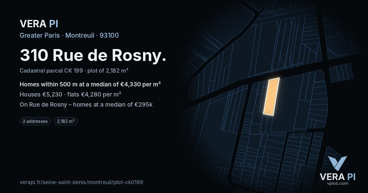 310 Rue de Rosny, Montreuil at night – the plot lit, the parcels around coloured by the prices near them