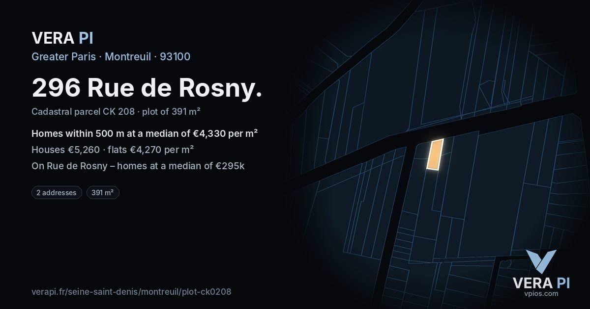 296 Rue de Rosny, Montreuil at night – the plot lit, the parcels around coloured by the prices near them