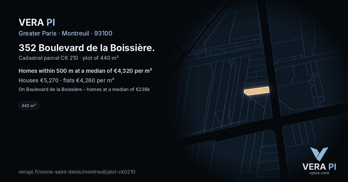 352 Boulevard de la Boissière, Montreuil at night – the plot lit, the parcels around coloured by the prices near them