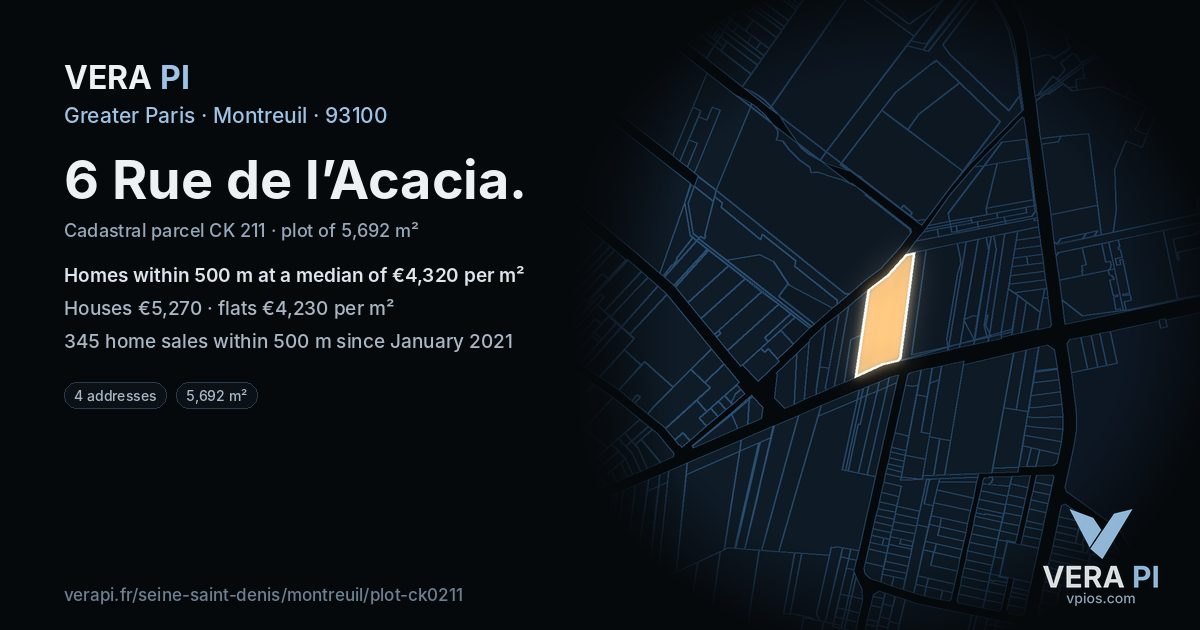 6 Rue de l’Acacia, Montreuil at night – the plot lit, the parcels around coloured by the prices near them