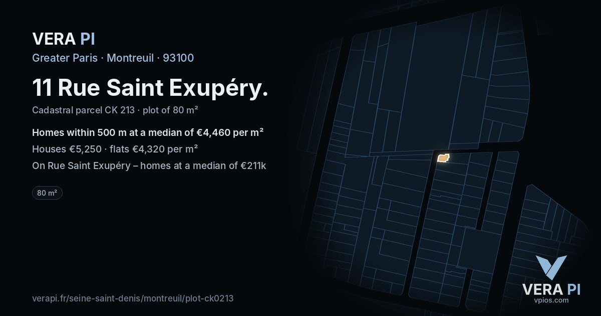 11 Rue Saint Exupéry, Montreuil at night – the plot lit, the parcels around coloured by the prices near them
